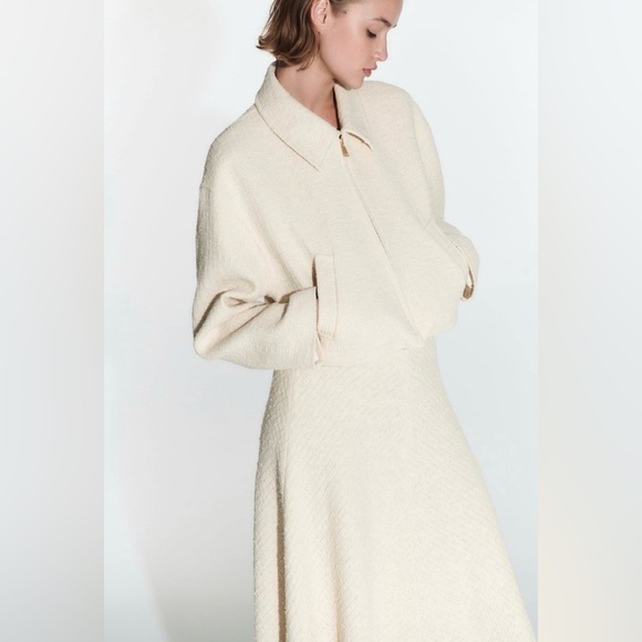 Zara Women Bloggers Favorite Ecru Textured Weave Bomber Collared Zip Jacket Sz M - Picture 6 of 17